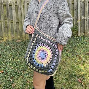 Pastel rainbow and grey handmade sunburst crochet market tote bag